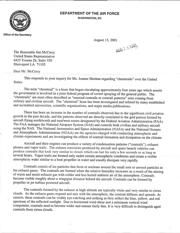 Response of the Department of the Air Force to Congressman Jim McCrery 08-13-2001, page 1